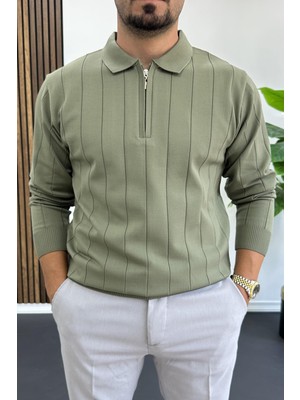 Erkek Yarım Fermuarlı Polo Yaka Mevsimlik Kazak Haki EDW195