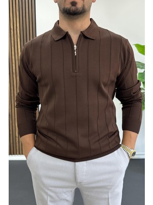 Erkek Yarım Fermuarlı Polo Yaka Mevsimlik Kazak Kahverengi EDW195
