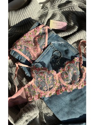 Merlif Lingerie Büyük Beden Pembe Çıtır Desen Çiçekli Iç Çamaşır Takımı Kadın Bralette Balenli Sütyen & Tanga String