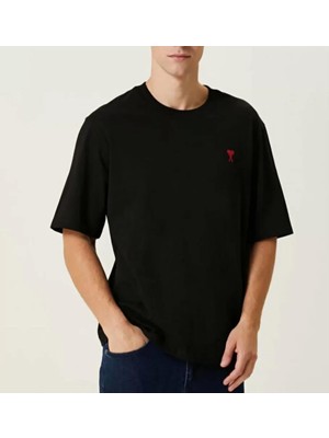 Unisex Bisiklet Yaka Baskılı Oversize T-Shirt - Siyah