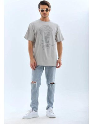 Unisex Oversize Taşlı Bisiklet Yaka T-Shirt - Gri