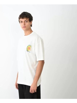 Unisex Bisiklet Yaka Baskılı Oversize T-Shirt - Beyaz
