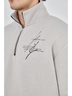 Erkek Yarım Fermuarlı Baskılı Sweat - Boyalı Gri