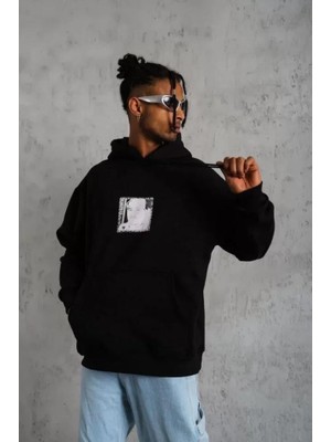 Erkek Ön Arka Baskılı Kapşonlu Sweat - Siyah