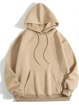 Erkek Düz Kapüşonlu Sweat - Bej
