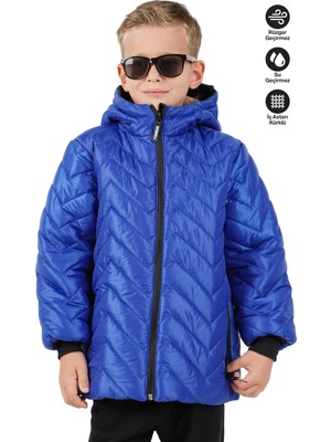 Erkek Çocuk Su ve Rüzgar Geçirmez Içi Kürklü Kapüşonlu Mont Zigzag Desenli