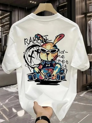 Baskılı Oversize Bisiklet Yaka T-Shirt - Beyaz