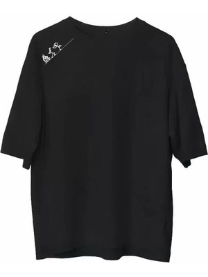 Unisex Bisiklet Yaka Baskılı Oversize T-Shirt - Siyah