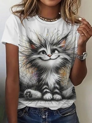 Moda Tıkla Kadın Kısa Kollu Bisiklet Yaka Kedi Baskılı Süprem Bluz