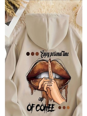 Uygun Tarz Enjoy Kadın Oversize Kapüşonlu Hoodie Bej Renk Baskılı Ek Özellikli Günlük Kullanım İçin