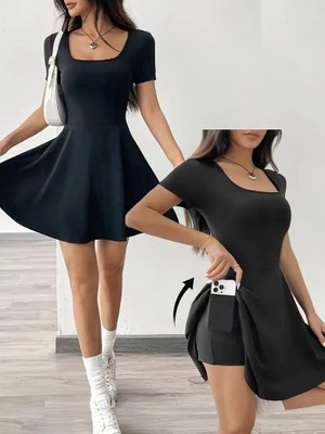 Moda Tıkla Kadın Kısa Kollu Kare Yaka Short Detaylı Cepli Dalgıç Elbise