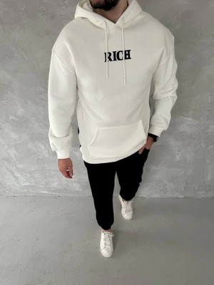 Uzun Kol Kapşonlu Göğüs Baskılı Sweatshirt - Beyaz