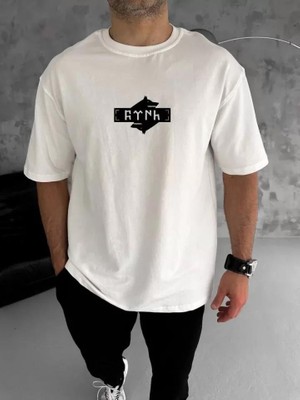Unisex Bisiklet Yaka Baskılı Double Oversize T-Shirt - Beyaz