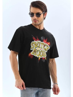 Unisex Oversize Baskılı Bisiklet Yaka T-Shirt - Siyah