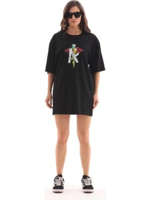 Unisex Bisiklet Yaka Baskılı Oversize T-Shirt - Siyah