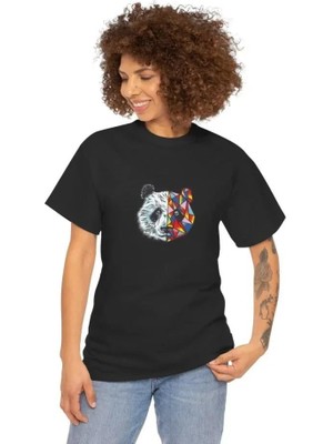 Unisex Bisiklet Yaka Baskılı T-Shirt - Siyah