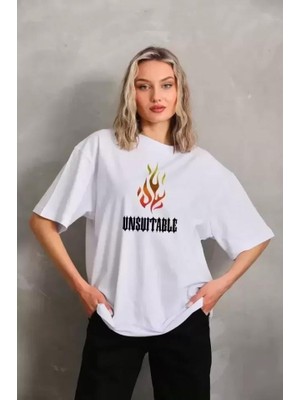 Unisex Bisiklet Yaka Baskılı Oversize T-Shirt - Beyaz