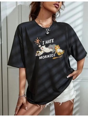 Bisiklet Yaka Baskılı Oversize T-Shirt - Siyah