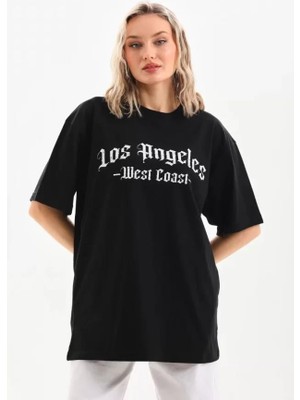 Unisex Baskılı Oversize T-Shirt - Siyah