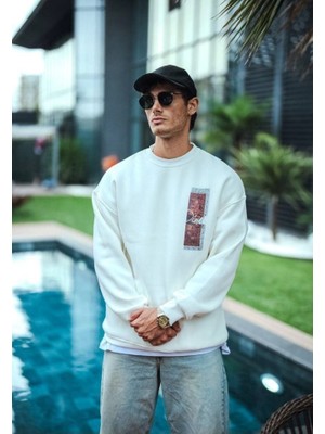 Uzun Kol Bisiklet Yaka Ön ve Arka Baskılı Sweatshirt - Beyaz
