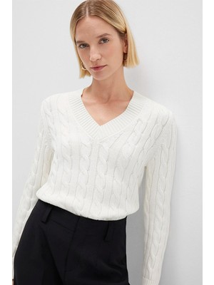 Mavi İpek Karışımlı V Yaka Ekru Kazak 1710720-70057