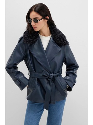 Mavi Lacivert Suni Kürk Detaylı Suni Deri Ceket 1110717-87822