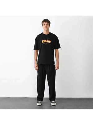 Unisex Bisiklet Yaka Baskılı Oversize T-Shirt - Siyah