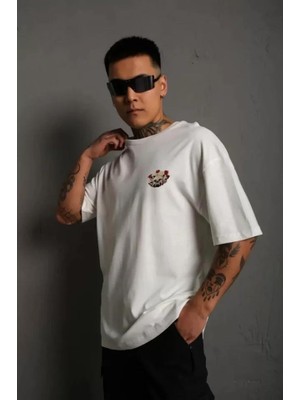 Unisex Bisiklet Yaka Baskılı Oversize T-Shirt - Beyaz