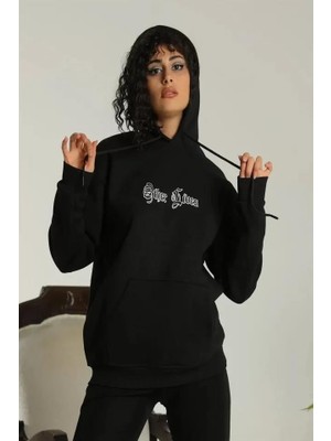 Sırt Baskılı Oversize Üç Iplik Kapüşonlu Sweatshirt - Siyah