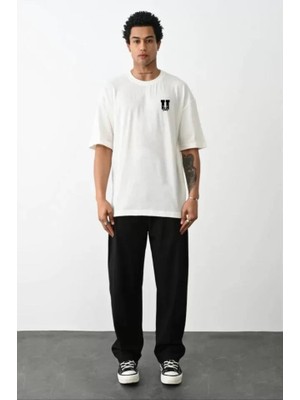 Unisex Bisiklet Yaka Baskılı Oversize T-Shirt - Beyaz