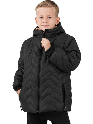 Erkek Çocuk Su ve Rüzgar Geçirmez Içi Kürklü Kapüşonlu Mont Zigzag Desenli