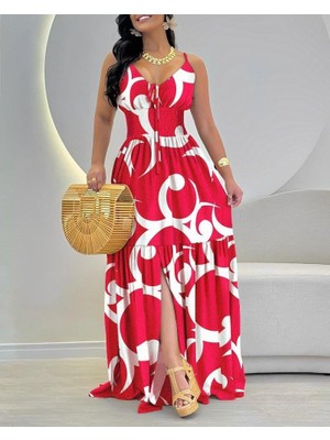 Kadın Ip Askılı Dekolteli Bağcıklı Yırtmaçlı Desenli Süprem Elbise