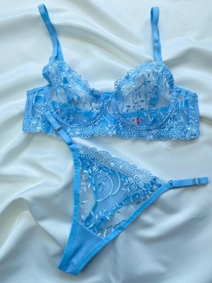 Merlif Lingerie Açık Bebe Mavisi Büyük Beden C Cup Dantelli Brode Iç Çamaşır Takımı Bralette (Balenli Sütyen &tanga)
