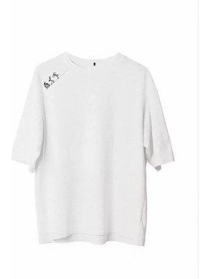 Unisex Bisiklet Yaka Baskılı Oversize T-Shirt - Beyaz