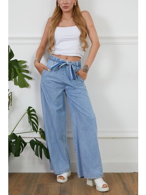 Kadın Rahat Kesim Beli Lastikli İnce Kot Pantolon