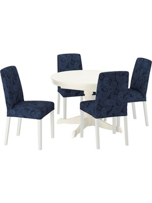 Yemek Masası Takımı, Beyaz-Kvillsfors Koyu Mavi, 4 Sandalyeli, Açılabilir, Yuvarlak