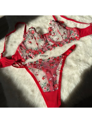 Merlif Lingerie Kırmızı Büyük Beden Çıtır Desen Çiçekli Iç Çamaşır Takımı Kadın Bralette Balenli Sütyen & Tanga String Yeniyıl, yılbaşı, Sevgililer Günü, Valentines Day