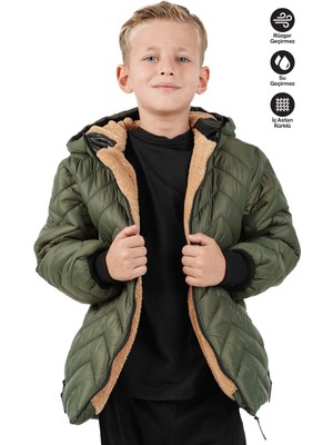 Erkek Çocuk Su ve Rüzgar Geçirmez Içi Kürklü Kapüşonlu Mont Zigzag Desenli