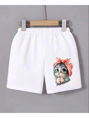 Beli Lastikli Baskılı Mini Şort - Beyaz