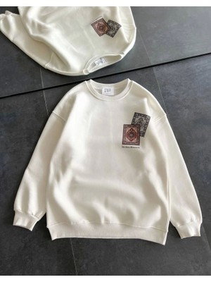 Bisiklet Yaka Baskılı Sweatshirt - Beyaz