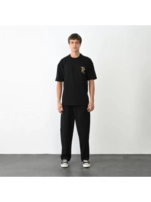 Unisex Bisiklet Yaka Baskılı Oversize T-Shirt - Siyah