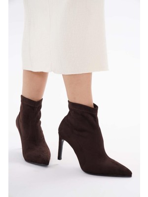 Kahve Süet Streç 8.5 cm Kısa Boy Kadın Topuklu Bot