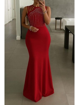 Kadın Omuz Çoklu Askılı Önü Taş Işlemeli Balık Kesim Janjan Krep Maxi Boy Elbise