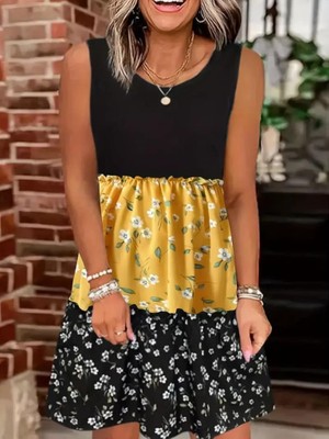 Kadın Askılı Yuvarlak Yaka Çiçek Baskılı Salaş Süprem Elbise