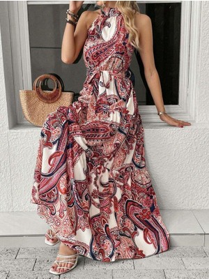 Kadın Halter Yakalı Omuzlardan Açık Kuşaklı Maksi Boy Desenli Süprem Elbise