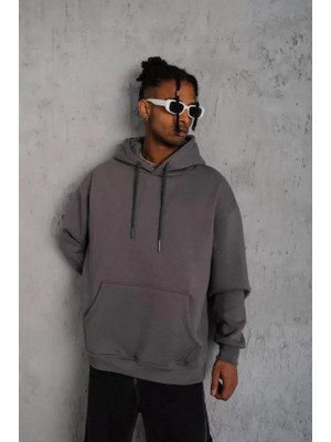 Erkek Düz Kapüşonlu Sweat - Gri