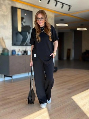 Kadın Kısa Kollu Bisiklet Yaka Asimetrik Viskon Iki Iplik Bluz ve Pantolon Ikili Takım