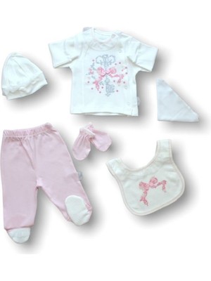 Kanaviçe Nakışlı %100 Cotton Antibakteriyel 5li Zıbın Takımı Hastane Çıkışı