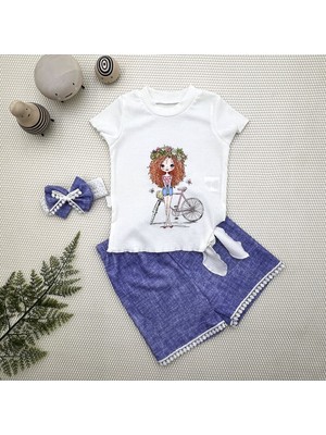 Diji Baby 1-2-3 Yaş Bisikletli Kız Baskılı Bandanalı Kot Desenli Şort Kısa Kollu Tişört 3lü Kız Bebek Takımı