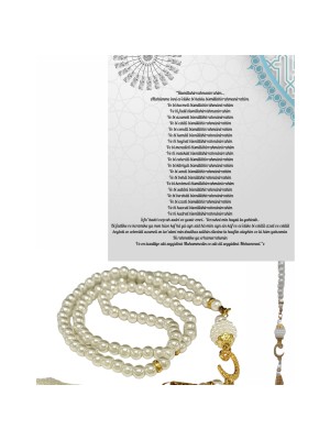 Namaz Tesbihi Vavlı 99'lu Cam Incili 35 Besmele-I Şerif Dua Kartı ile Krem Renk Hediyelik